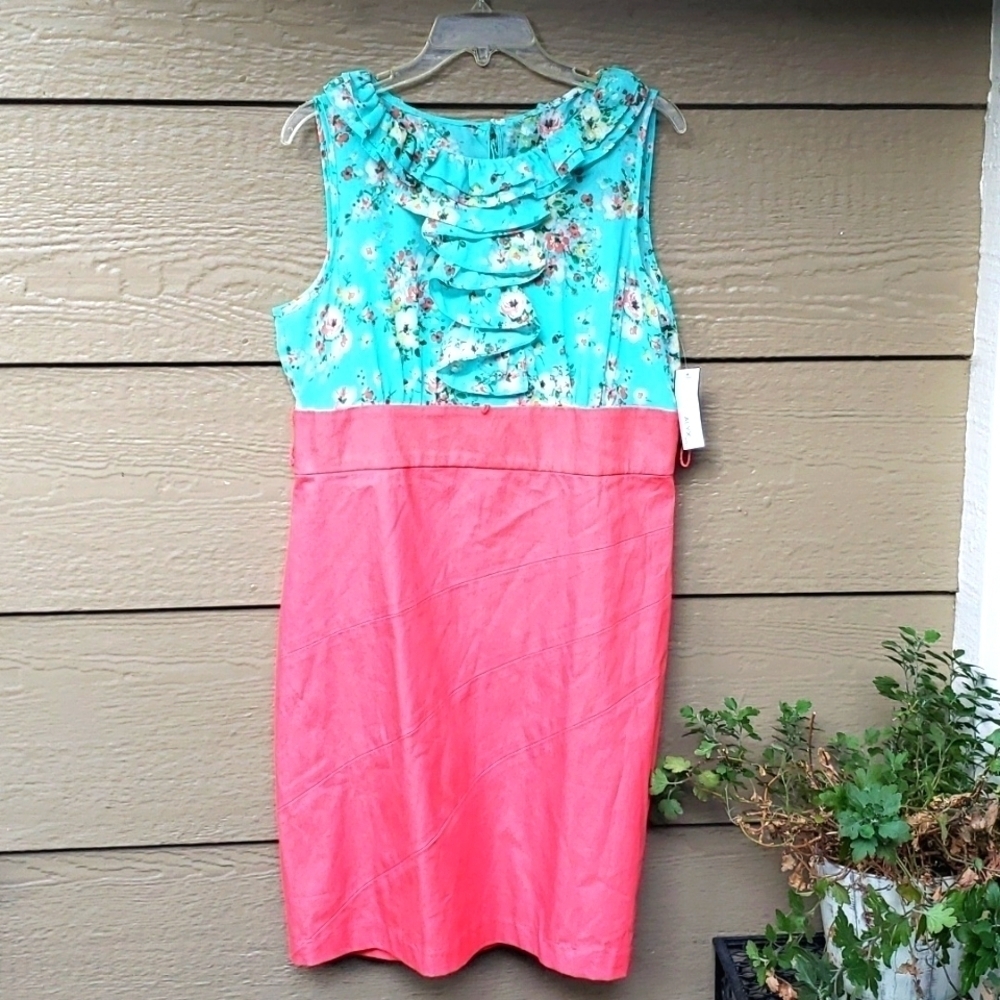 ALYX Limited Floral teal blue and coral red sleeveless dress with ruffle
